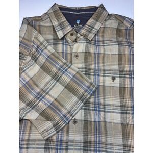 KUHL Shirt Mens XXL Brown Blue Plaid Skorpio Linen Blend Button Up New